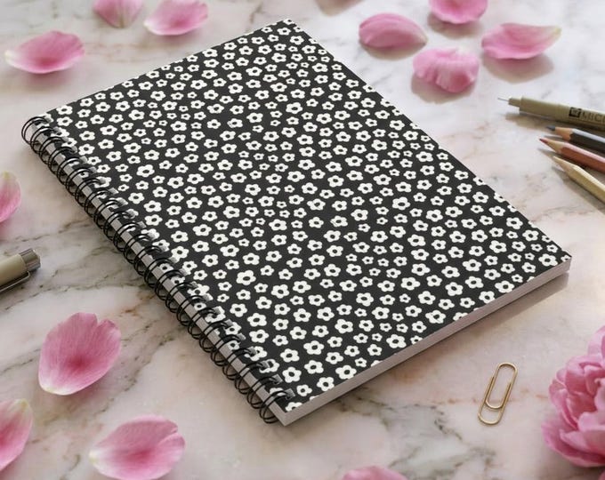Black Ditsy Floral Spiral Notebook | Ruled Line