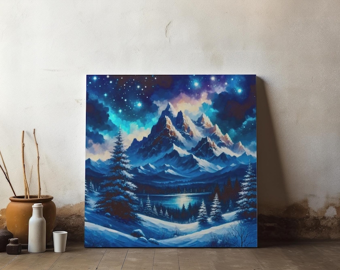 Blue Mountain Landscape Canvas Wall Art: Winter Snow Scene (14x14)