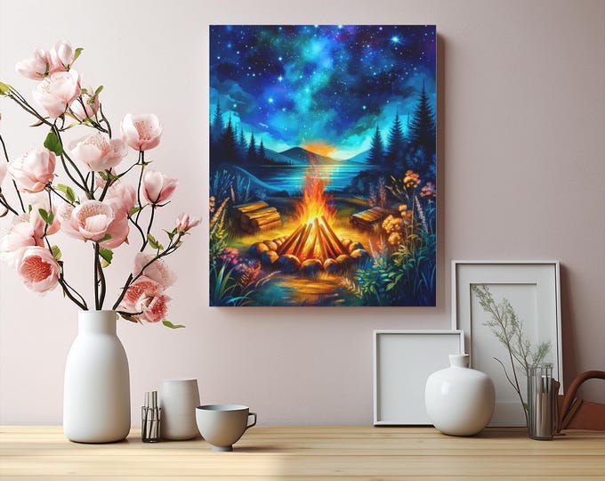 Campfire Night Sky Canvas Wall Art: Cozy Nature Decor (16x20 Canvas Only)