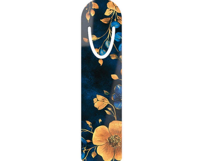 Golden Floral Bookmark | Metal Page Marker, Navy Blue Flower Design