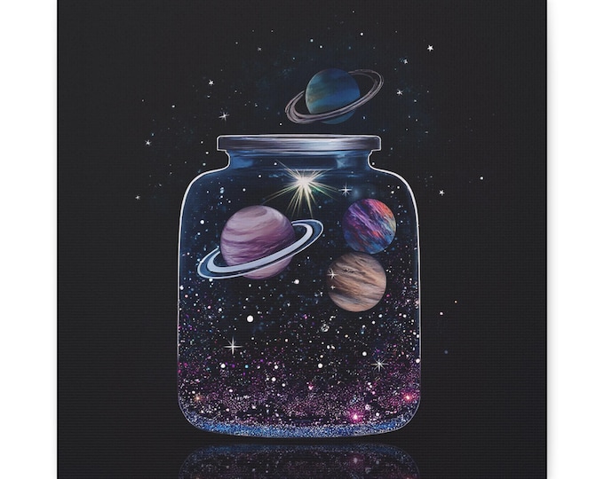 Cosmic Planet Jar Canvas Art, Galaxy Home Decor (14x14)