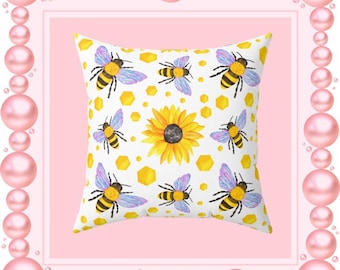 Sunflower Bee Pattern Pillow | Square Throw Pillow, Yellow Pollinator Decor