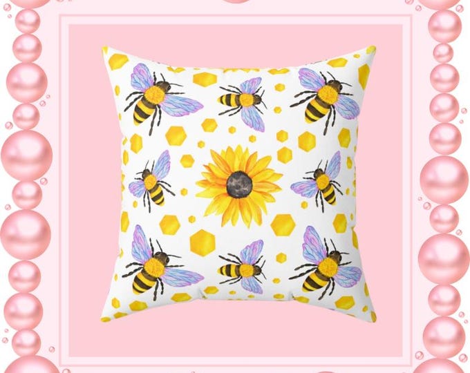 Sunflower Bee Pattern Pillow | Square Throw Pillow, Yellow Pollinator Decor
