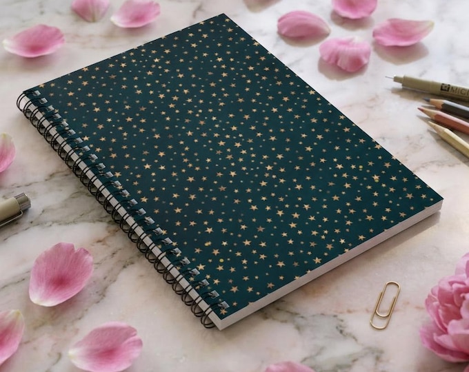 Dark Green Gold Star Spiral Bound Notebook | Ruled Lines Journal
