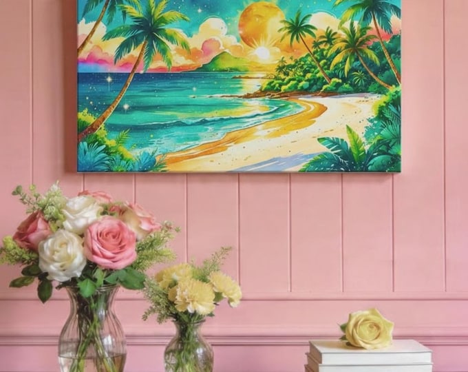 Tropical Beach Sunset Canvas Wall Art: Modern Coastal Decor (30x15 Canvas Only)
