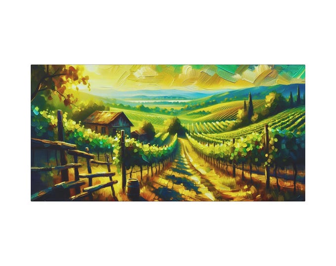 Vineyard Landscape Canvas Art: Italy Harvest Glow, Rustic Home Decor (30x15)