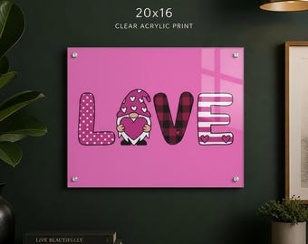 Gnome Kisses & Heart Wishes Acrylic Print | Dark Pink Valentine Gnome LOVE Wall Accent