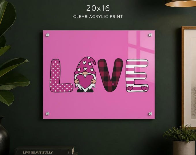 Gnome Kisses & Heart Wishes Acrylic Print | Dark Pink Valentine Gnome LOVE Wall Accent