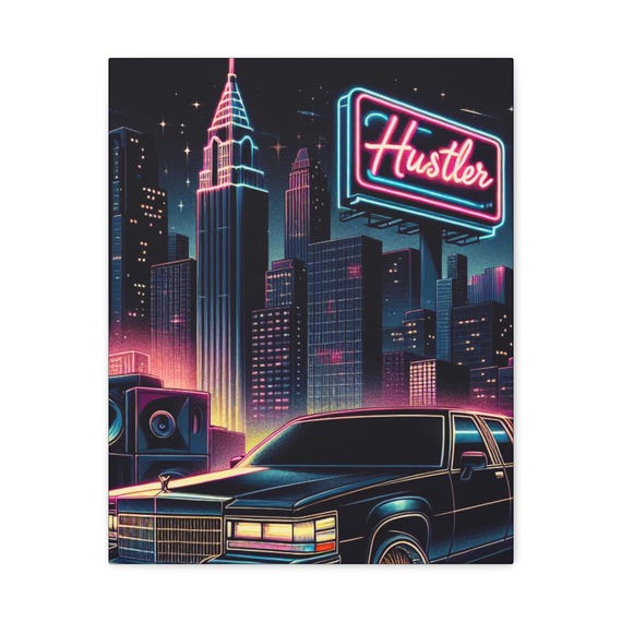 Metro City Hustler Canvas Art: Urban Neon, Retro Car Lover Gift