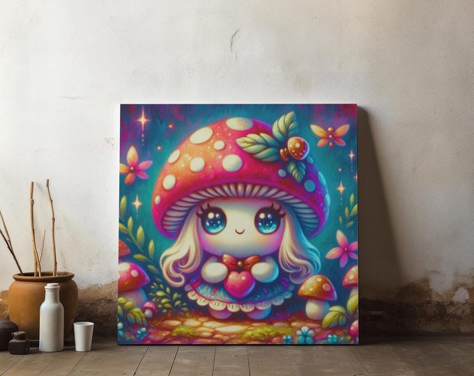 Mushroom Canvas Wall Art: Whimsical Kids Room Decor (14x14)