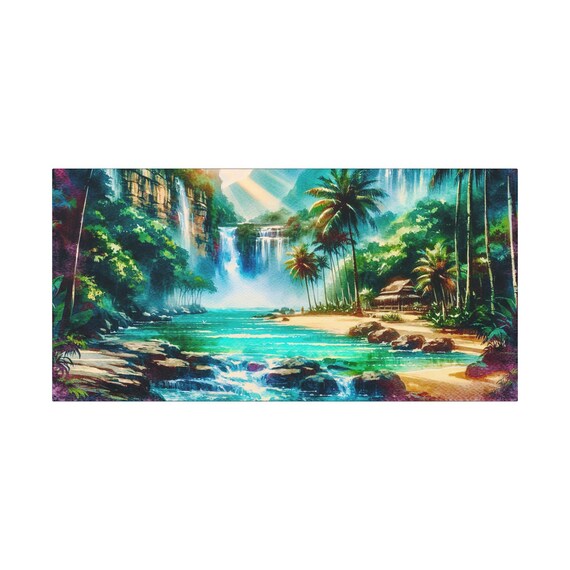 Tropical Waterfall Canvas Wall Art: Nature Home Decor (30x15)