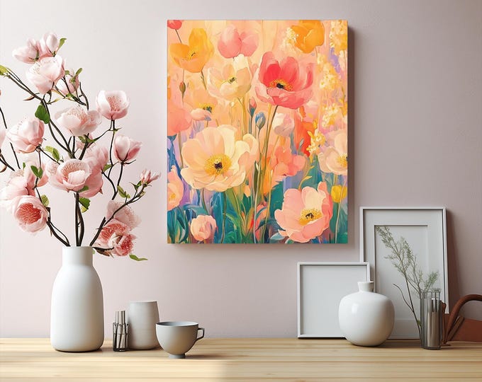 Peachy Pink Wispy Wildflowers Matte Canvas | Stretched Floral Wall Art 16x20