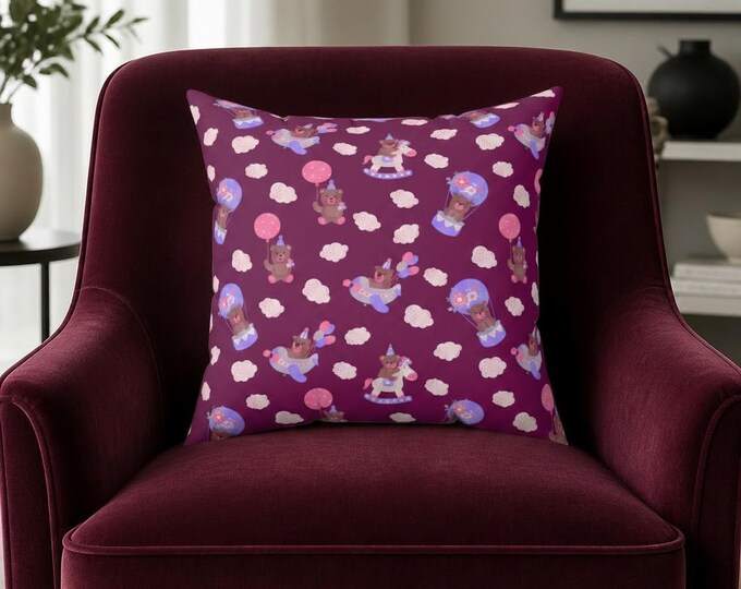 Bear Balloon Cloud Pillow | Whimsical Nursery Throw Cushion (16x16)