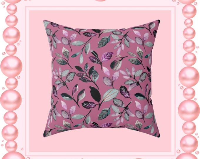 Pink Botanical Leaf Pattern Pillow | Square Throw Pillow