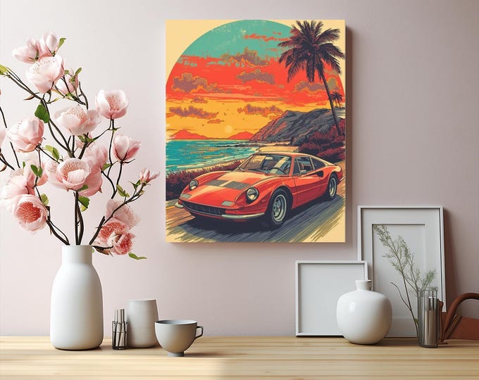 Retro Car Canvas Art: Coastal Sunset Beach House Decor (16x20)