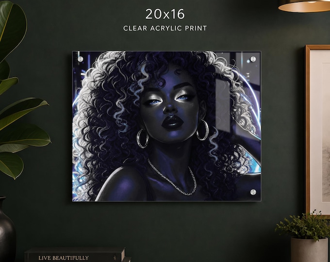 Goddess Gaze Acrylic Print | Midnight Blue and Silver Abstract Art with French Cleat Hanging