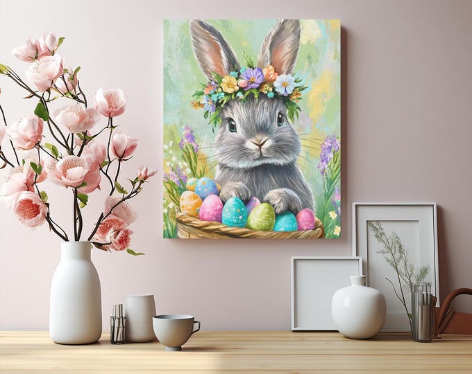 Floral Easter Bunny Canvas | Whimsical Spring Decor (16x20 Canvas Only)