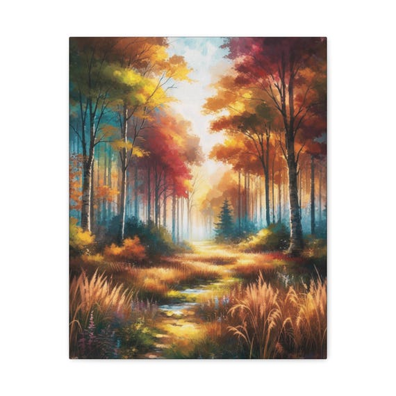 Crimson Leaves Forest Canvas Wall Art: Autumn Nature Home Decor (16x20)