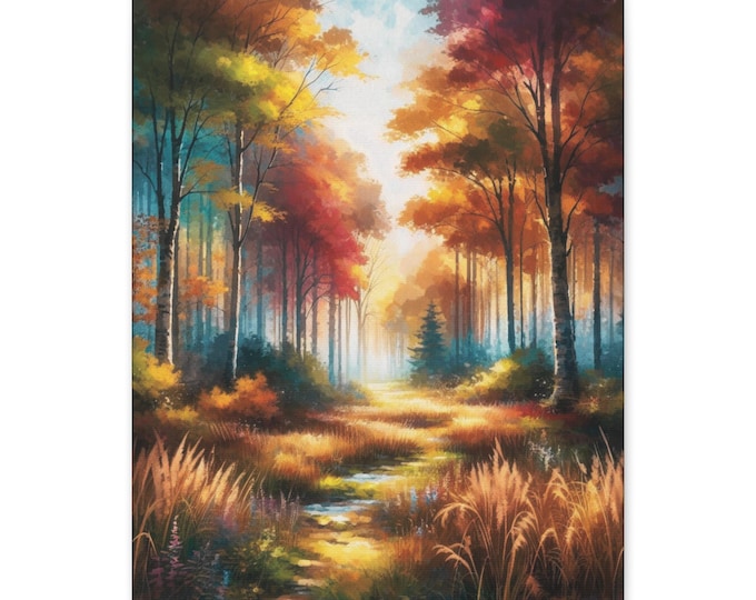 Crimson Leaves Forest Canvas Wall Art: Autumn Nature Home Decor (16x20)