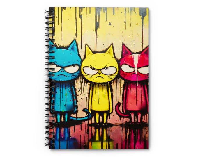 Grumpy Trio Cat Illustration Spiral Notebook | Ruled Lined Journal