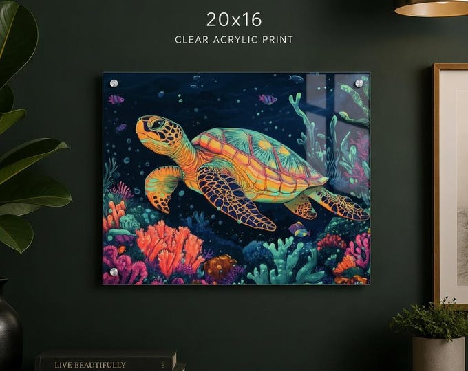 Colorful Sea Turtle Acrylic Print French Cleat Hanging | Ocean Coral Wall Art