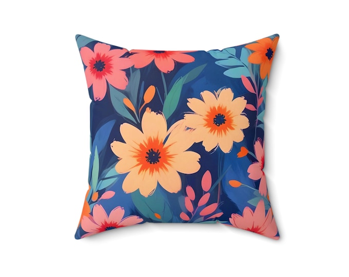 Navy Floral Pattern Pillow | Pink Square Throw Pillow