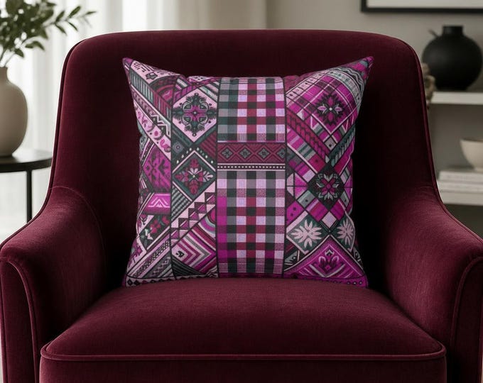Smitten Ash Plaid Pillow: Boho Chic Spun Polyester Cushion