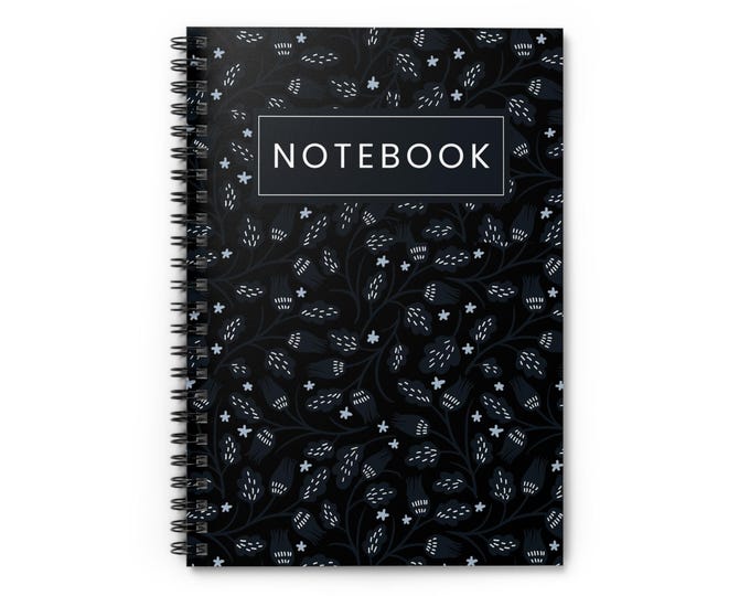 Dark Ash Floral Vine Spiral Bound Notebook | Black Botanical Diary