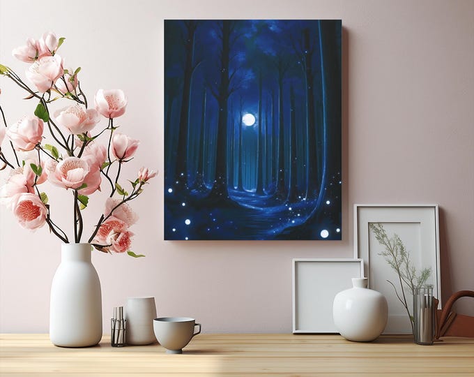 MIdnight Ice Forest Canvas Art: Magical Night Sky Wall Decor (16x20)