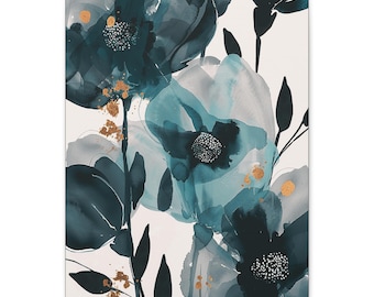 Abstract Floral Canvas Art, Teal and Gold, Modern Wall Decor (16x20)