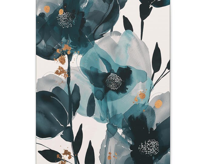 Abstract Floral Canvas Art, Teal and Gold, Modern Wall Decor (16x20)