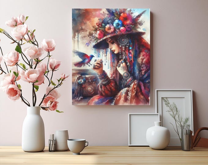 Bird of Passage Canvas Wall Art: Colorful Bohemian Decor, 16x20