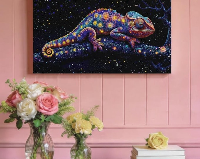 Galaxy Chameleon Canvas Panel, Stretched Matte Wall Art | Colorful Starry Lizard 30x15