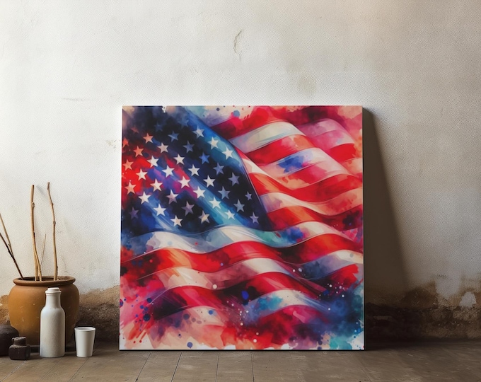Patriotic American Flag Canvas Art: 4th of July Wall Decor, Watercolor Style