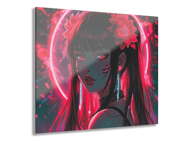 Nightshade Reflections Acrylic Print | Neon Geisha Portrait Wall Accent with French Cleat Hanging