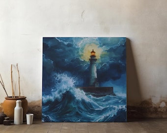 May include: Square canvas art showing a lighthouse in a stormy sea. The artwork features a white lighthouse with a lit beacon, set against a backdrop of dark blue clouds and crashing waves. The colour palette is dominated by blues and whites.