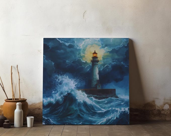 Lighthouse Canvas Wall Art: Coastal Nautical Decor (14x14)