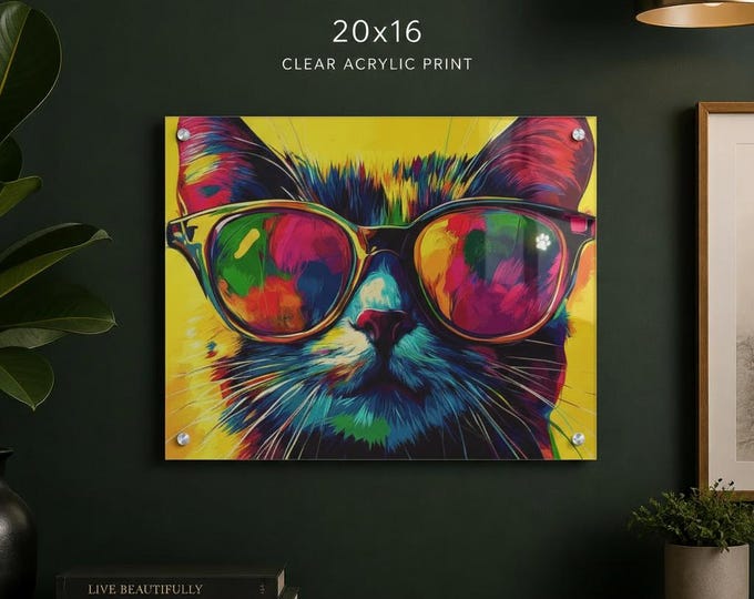 Urban Paws Icon Acrylic Print | Colorful Pop Art Cat Sunglasses w/ French Cleat Hanging