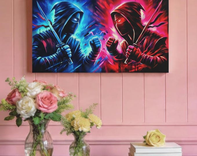 Ninja Battle Canvas: Colorful Gamer Room Martial Arts Decor (30x15)