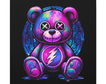 Purple Punk Plushie Canvas Art: Abstract Teddy Bear Portrait, Quirky Decor