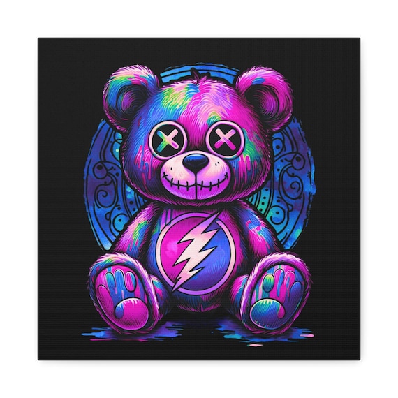 Purple Punk Plushie Canvas Art: Abstract Teddy Bear Portrait, Quirky Decor