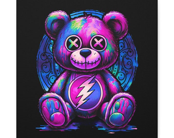 Purple Punk Plushie Canvas Art: Abstract Teddy Bear Portrait, Quirky Decor