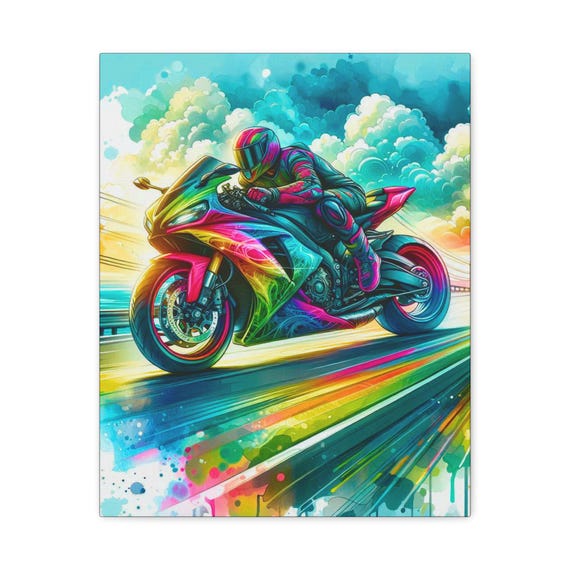 Rainbow Rocket Motorcycle Canvas Art: Biker Wall Decor (16x20 Canvas Only)