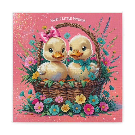 Ducklings Canvas Wall Art: Sweet Floral Basket, Kids Room Decor