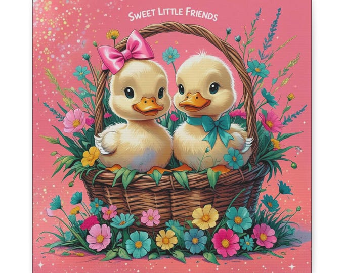 Ducklings Canvas Wall Art: Sweet Floral Basket, Kids Room Decor