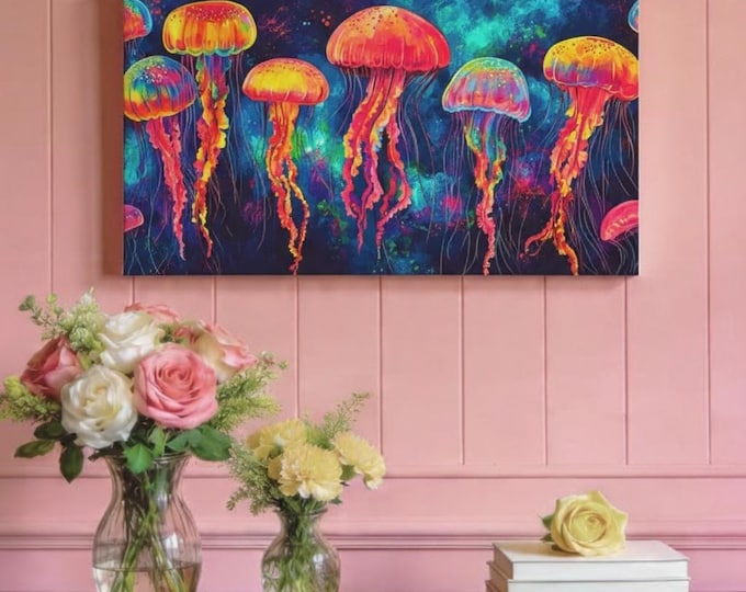 Electric Elegance Jellyfish Matte Canvas | Neon Aquatic Pop Art 30x15