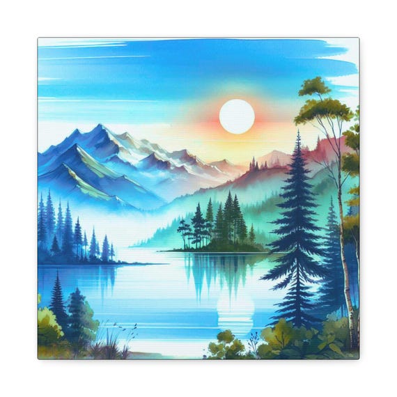 Idyllic Charm Lake Matte Canvas Wall Artwork, Watercolor Canvas, Mountain Landscape
