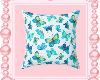 Blue Teal Butterflies Square Pillow | Decorative Throw Pillow
