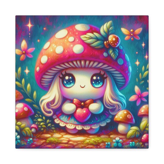 Mushroom Canvas Wall Art: Whimsical Kids Room Decor (14x14)