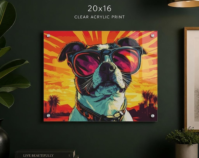 Sunglasses Dog Pop Art | 20x16 Acrylic Wall Print, French Cleat